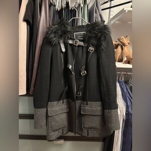RW&CO. Black and Gray Buckle Coat with Fur Trim
